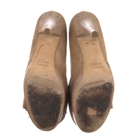 Fendi Authentic Solid Tan Genuine Suede Peep Toe Bow Heels Pumps 9 - Picture 5 of 9